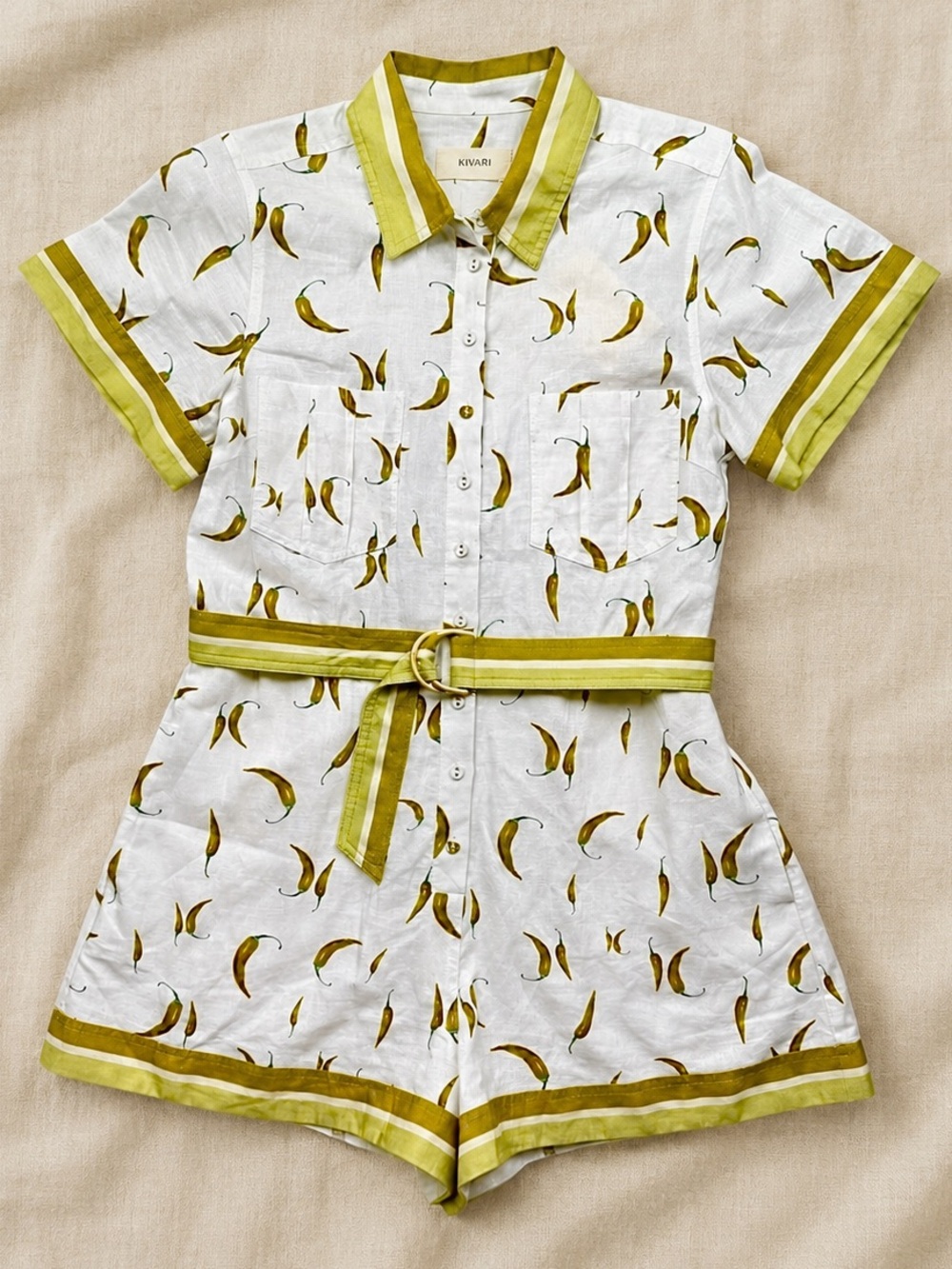 Kivari Linen Romper Chili Print Green White Belted Size 2 NWT